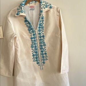 Cream Tunic with Blue Floral Embroidery